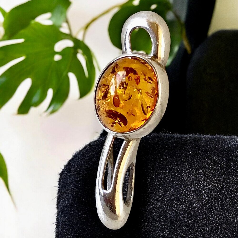 Sterling Silver Vintage Amber Pendant Modernist Small